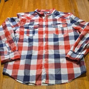 Straight‎ Faded Men Medium Red White Blue Plaid Button Down Long Sleeve Shirt